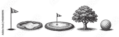A detailed black and white sketch of essential golf course elements including a flag, sand trap, putting green, tree, and golf ball, ideal for sport-themed designs.