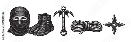 A black and white, vintage style illustration of ninja gear including a balaclava, tabi boots, grappling hook, rope, and shuriken on a white background.