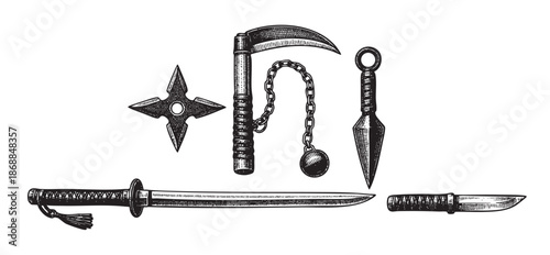 A vintage illustration showcases a collection of traditional Japanese ninja weapons including a katana, kunai, shuriken, kusarigama, and a dagger, presented on a white background.