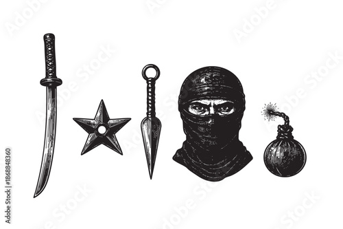 A vintage black and white illustration showcases an arrangement of ninja weaponry, including a katana, shuriken, kunai, and a bomb with a lit fuse, alongside a masked ninja's intense gaze.