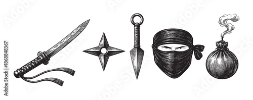 A vintage, hand-drawn illustration showcases a collection of traditional ninja weapons including a katana, shuriken, and kunai, alongside a masked face and a smoking bomb.