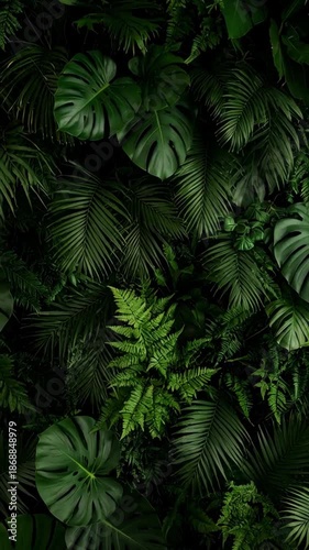 Dense tropical foliage featuring diverse green leaves, creating a vibrant jungle botanical background.