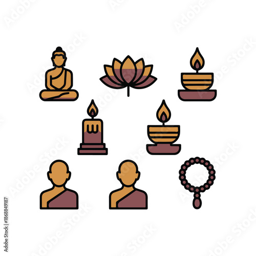 Makha Bucha Day Duo-Tone Outline Icon Set