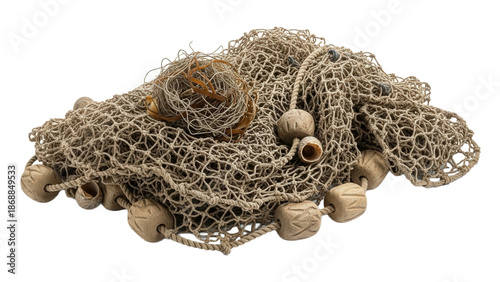 Pile of old fishing net with floats isolated on transparent background