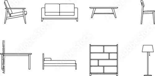 Furniture Vector Line Art Icon Set, Clean CAD Outline Interior Design Elements Isolated on White Background