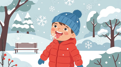 A happy child in the park catches a snowflake with his tongue