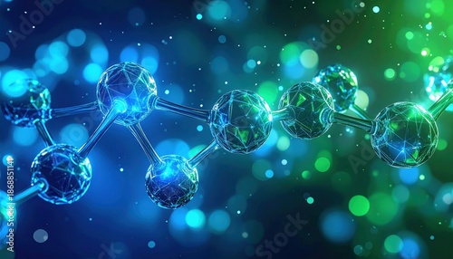 Molecular Structure with Glowing Nodes and Bokeh Background in Blue and Green