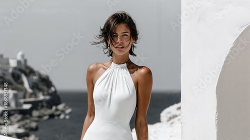 Beautiful Woman In White Dress Posing Against Mediterranean Coastal View