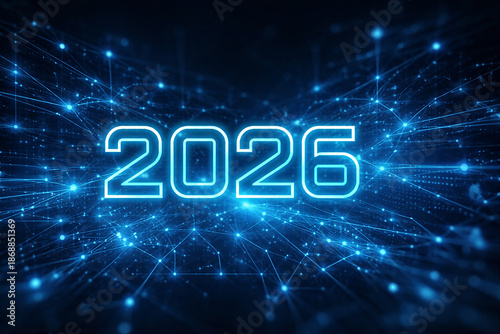 Futuristic 2026 glowing neon numbers on a digital background