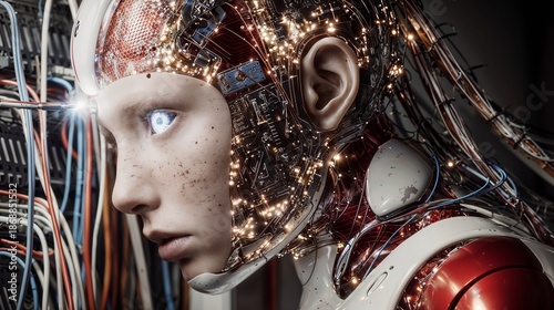 Futuristic Cyborg Woman Profile With Glowing Circuits And Wires