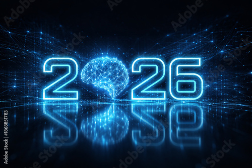 Futuristic 2026 neon sign with digital brain representing ai