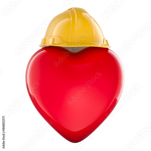 Heart with hard hat. Symbolizing protected love, care, and workplace safety. 3D rendering