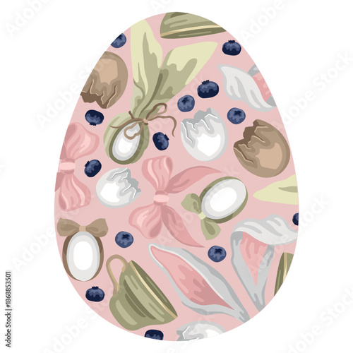 Hand-drawn Easter egg shape greeting card with bunny ears, bow and cracked eggshell and teacup and Easter eggs