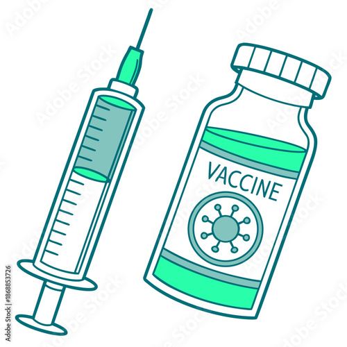 Medical syringe and vaccine vial with virus symbol, immunization concept illustration