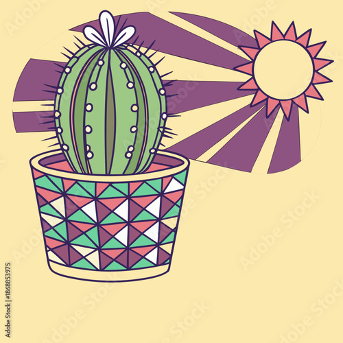 Vibrant pop art barrel cactus in geometric pot with sunburst background, desert illustration