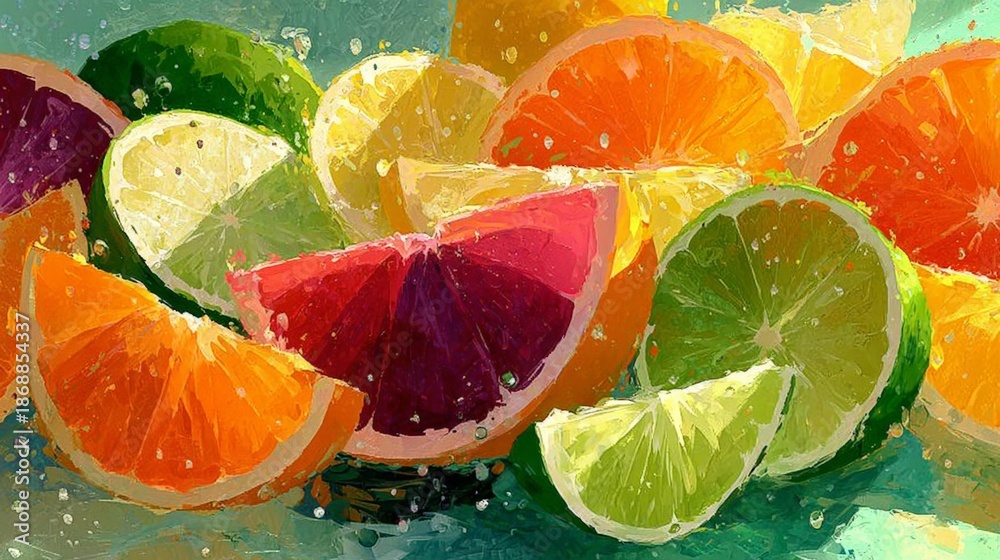 Fototapeta premium A vibrant artistic collage of overlapping citrus slices with translucent layers and soft glow, creating a refreshing and airy composition.