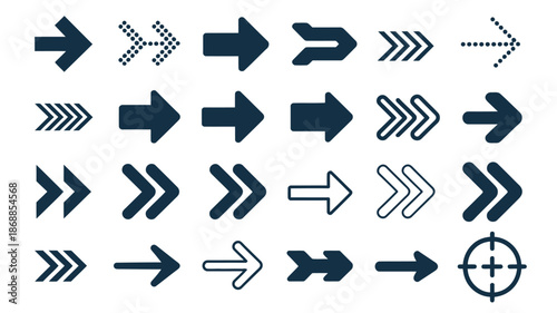 Arrows icons set, clean flat black vector arrow pointers for forward navigation, click buttons, website design, app interfaces, UI controls, and modern digital interaction layouts.