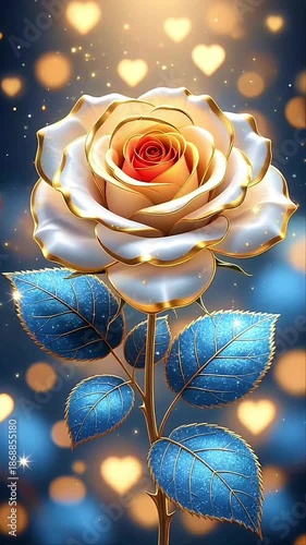 Stylized Rose Animation with Golden Petals, Blue Leaves, and Heart Bokeh Background
