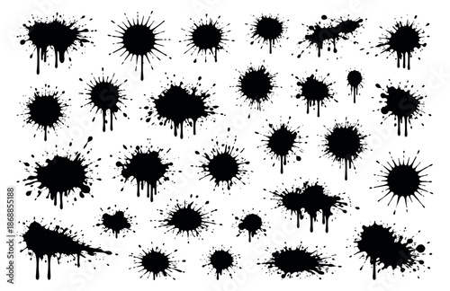 Grungy hand drawn ink splatter set featuring various black paint drips and blobs for creative graphic design