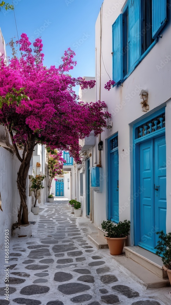 Obraz premium Charming Greek Street with Blue Doors and Pink Bougainvillea