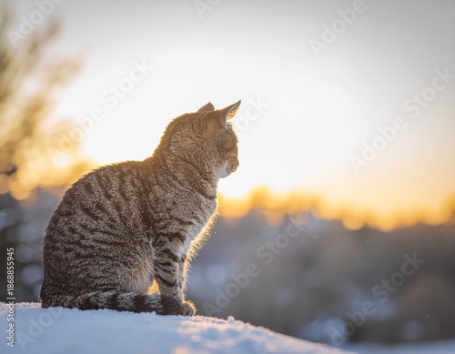Silhouetted cat in winter backlight with copy space