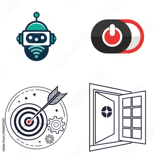 Robot AI Technology Target Goal Success and Smart Home Automation Flat Design Vector Illustration