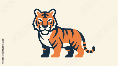 Cartoon tiger standing on beige background with orange and black stripes