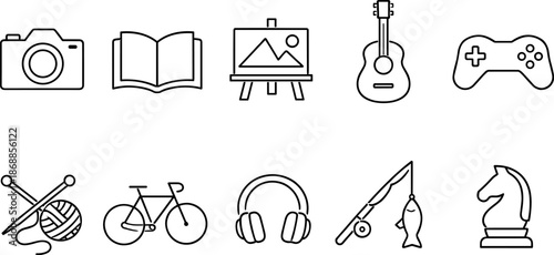 Hobby and leisure icons set. Music, art, reading, gaming, travel outline vector symbols