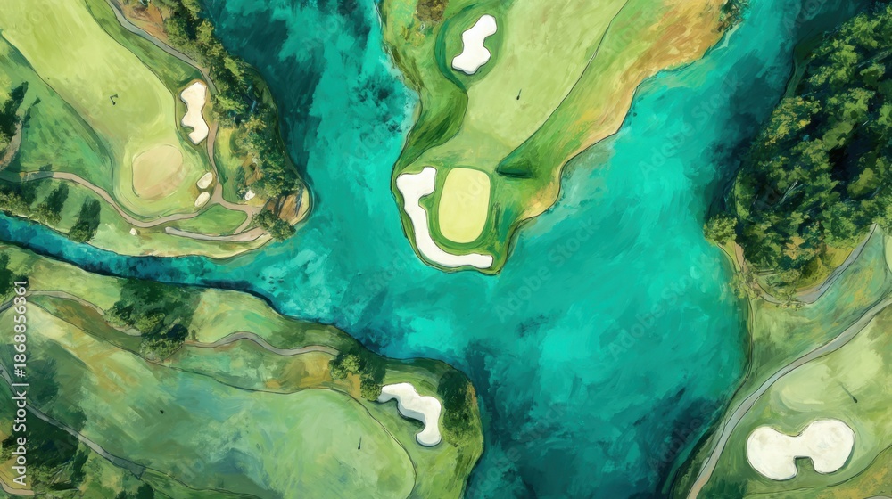 Fototapeta premium Aerial view of vibrant golf course with turquoise water and lush green landscape.