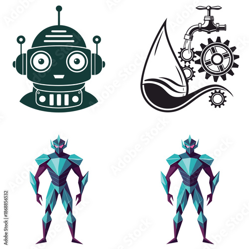 Futuristic robot and cyborg warriors with mechanical tools vector illustration, sci-fi flat design art