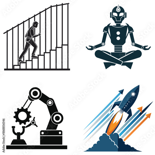 Human and robot progression steps success growth futuristic technology vector illustration flat design scalable art