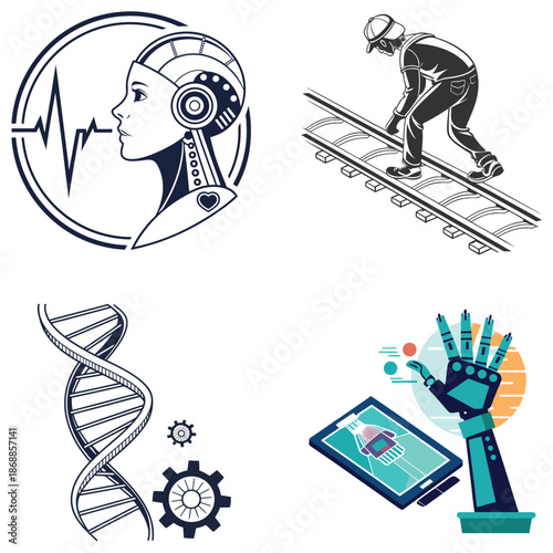 Science and technology innovation concept with DNA, robot, brainwave, and engineer working on circuit board vector illustration