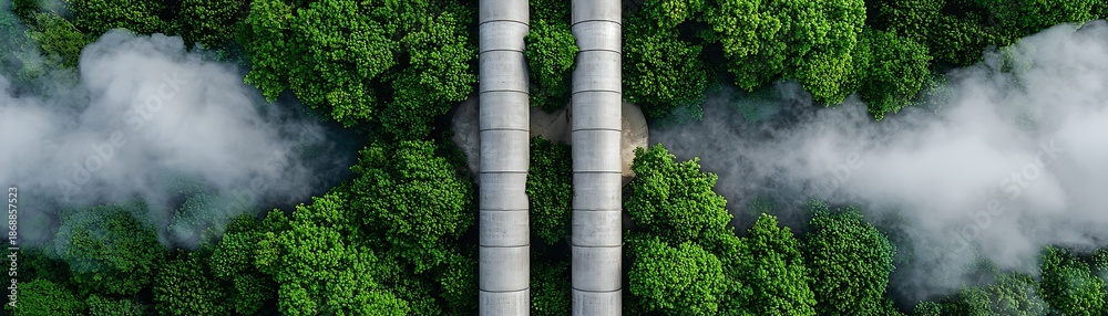 Fototapeta premium Aerial View of Industrial Pipes Amidst Lush Green Forest Canopy Environmental Impact Carbon Recycling Forest Industry