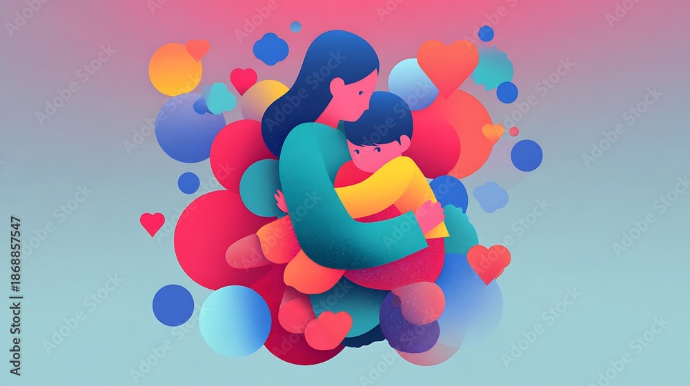 Obraz premium Colorful illustration of a mother and child embracing, surrounded by hearts and abstract shapes