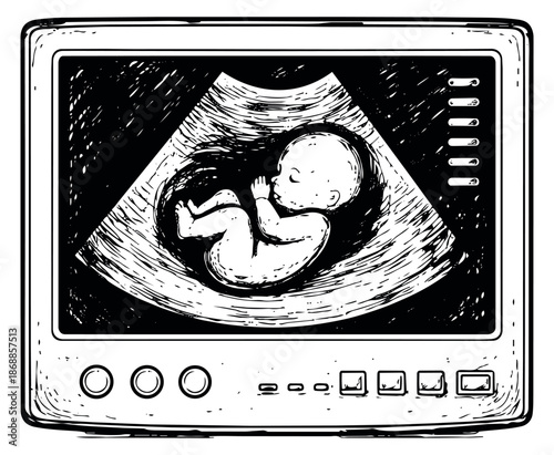 Hand drawn line art illustration of a fetus on an ultrasound screen depicting an unborn baby in the womb for pregnancy monitoring