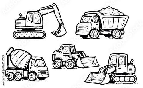 Hand drawn line art construction vehicles set featuring an excavator, dump truck, cement mixer, and loaders for children's designs