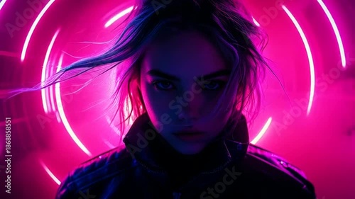 Woman with neon lights intense gaze futuristic scene