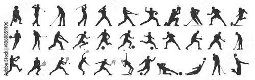 Sports player silhouettes set, athletes in action poses from different sports, football soccer baseball basketball tennis golf hockey vector illustration on transparent background