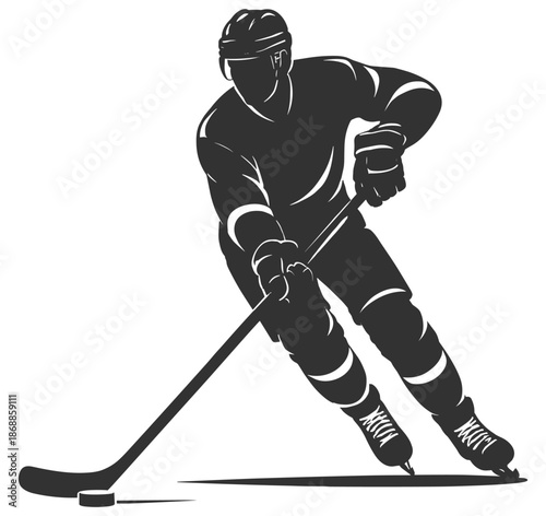 Hockey player silhouette, ice hockey athlete skating with stick and puck in action pose, sport vector illustration on transparent background