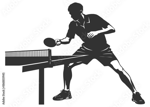 Table tennis player silhouette, ping pong athlete hitting ball in dynamic action pose, sport vector illustration on transparent background