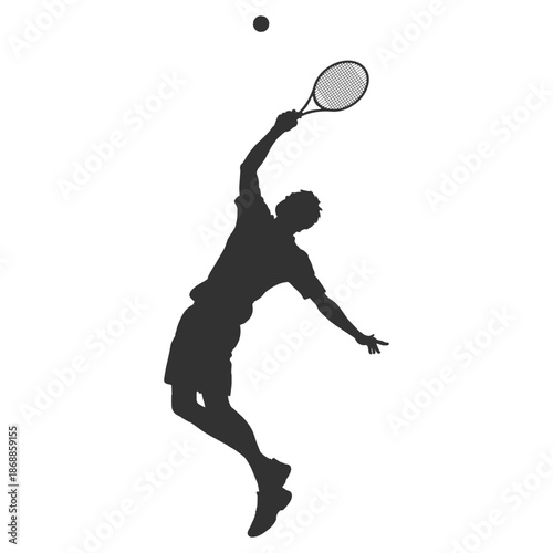 Tennis player silhouette, athlete serving ball in powerful jump action pose, sport vector illustration on transparent background