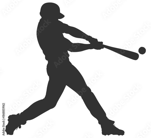 Baseball player silhouette, batter hitting ball with bat in powerful action pose, sport vector illustration on transparent background