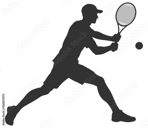 Tennis player silhouette, athlete serving ball in powerful jump action pose, sport vector illustration on transparent background
