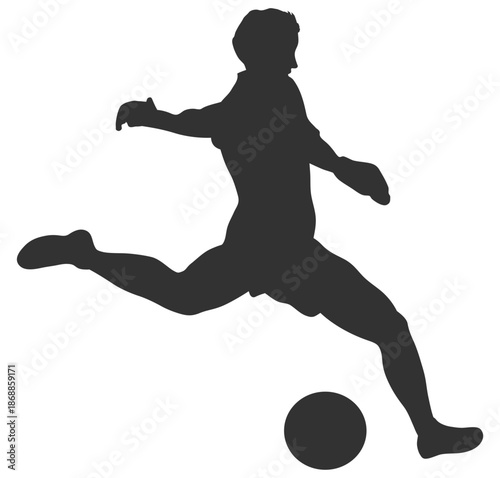 Silhouette of soccer player in fast motion with ball, athletic football action pose, isolated vector artwork on transparent background