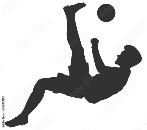 Soccer player bicycle kick silhouette with ball, football overhead kick action athlete vector illustration isolated icon on transparent background