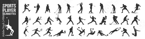 Sports player silhouettes collection, athletes in action, football soccer baseball basketball tennis golf vector illustration on transparent background
