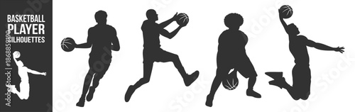 Basketball player silhouettes vector icon set, athletes dribbling jumping and dunking with ball, dynamic sports action illustration on transparent background
