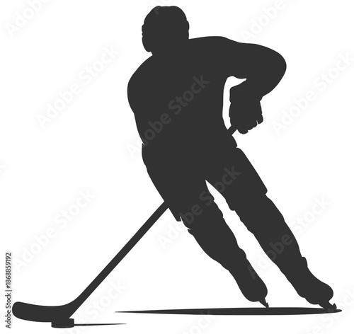 Ice hockey player skating silhouette vector icon, dynamic athlete with stick and puck in fast action, professional sports illustration on transparent background