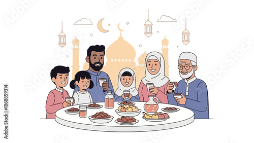 Muslim Family Iftar Meal Together During Ramadan.