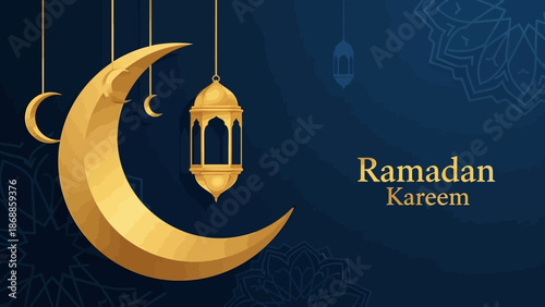 Ramadan Kareem illustration with golden crescent moon and lantern.